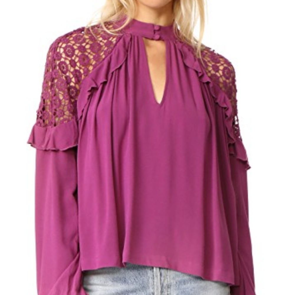 FREE PEOPLE Purple BoHo Blouse Crochet Shoulder L